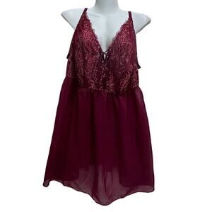 Cacique Lingerie Chemise 18/20 Babydoll Red Gold Lace Sheer Slip Lolita Coquette